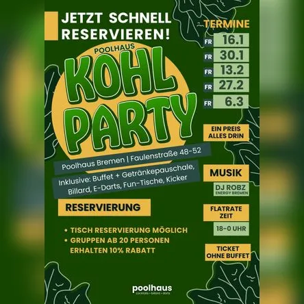 Titelbild zur Veranstaltung KOHLPARTY 2026 im Poolhaus Bremen